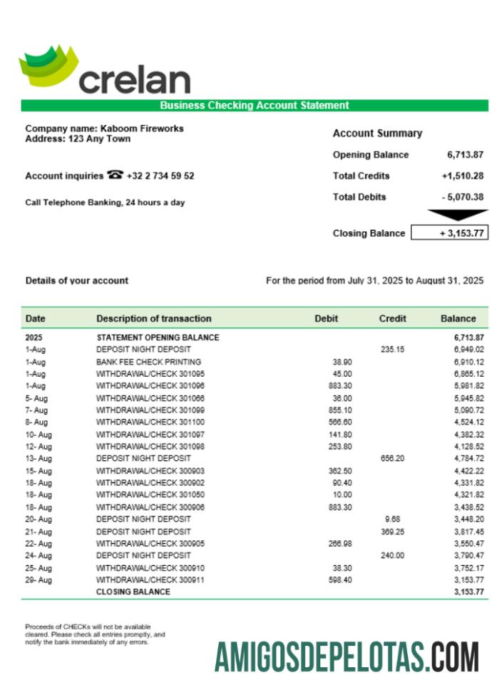Crelan empresa bancária extrato de conta corrente em formato Word e PDF amostra